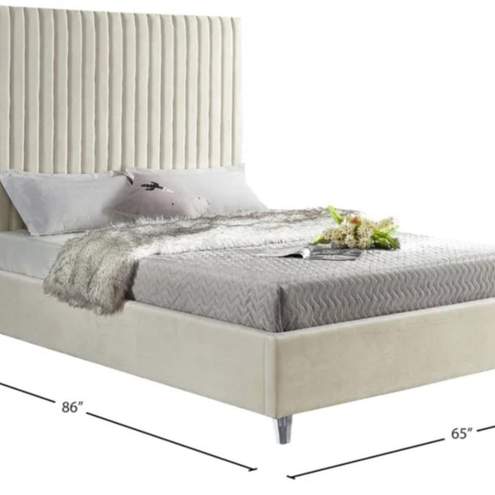 Queen Size Cream Upholstered Tufted Low Profile Platform Bed